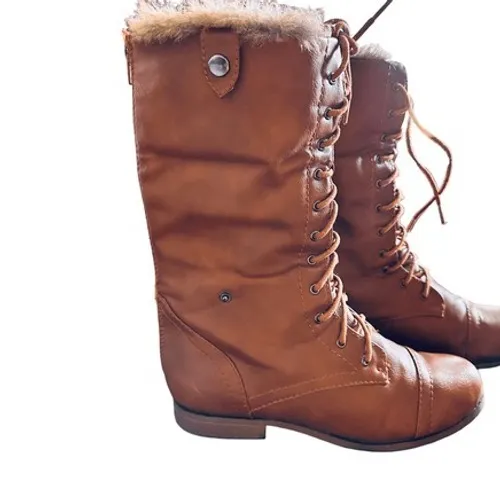Bumper Womens Tan Faux Leather Lace Up Fur Lined Combat Boots Ankle Mid Calf Brown Size 8 - Image 8