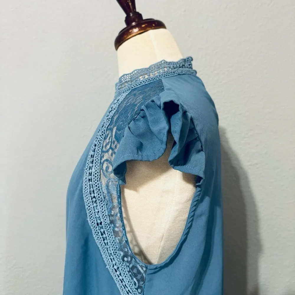 SHEIN‎ Women Blue Relaxed Fit and Flare High Neck Short Sleeves Dress Size M - Image 6