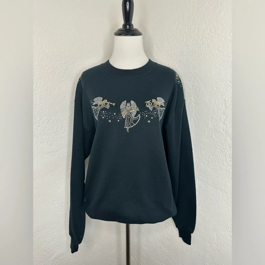 Vintage CHRISTINE ALEXANDER Women’s Sweater navy blue 90s Bejeweled angels Size M - Image 5