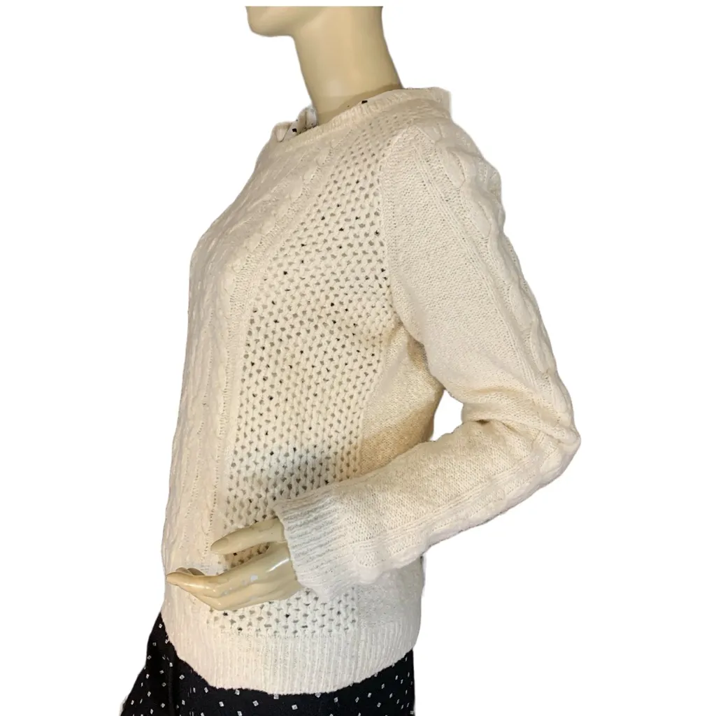 ANN TAYLOR CREAM CABLE KNIT COTTON & WOOL BLEND CREW NECK SWEATER (S) - Image 4