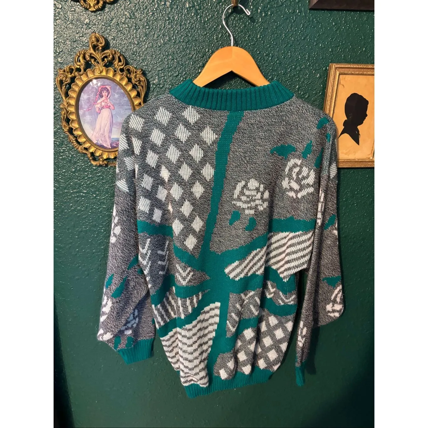 Vintage Antigua Patterned Sweater Women’s Large Gray Green Chunky Knit Retro 90s - Image 3