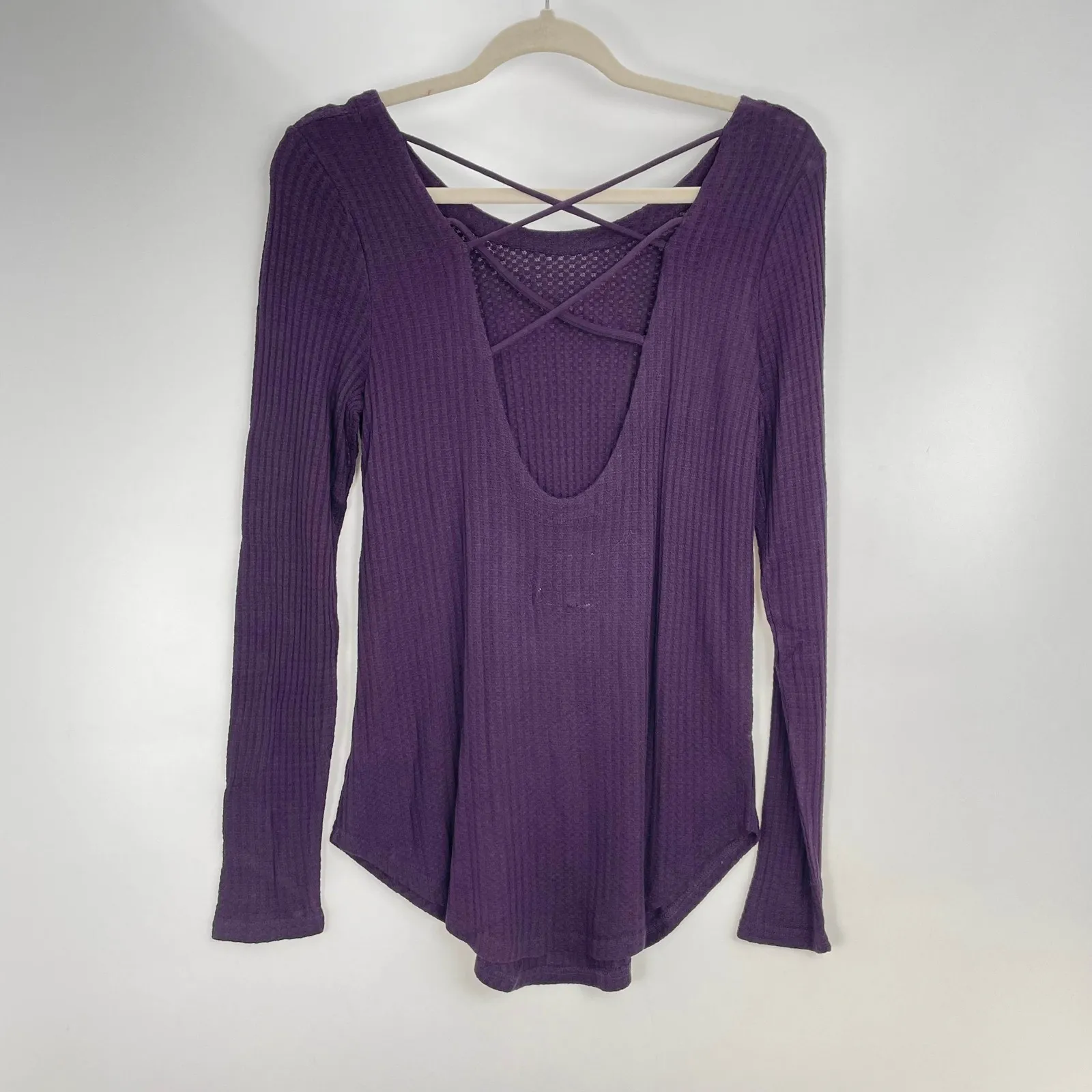 Chaser Purple Raisin Waffle Knit Long Sleeve Criss Cross‎ Back Blouse Top Size M - Image 3