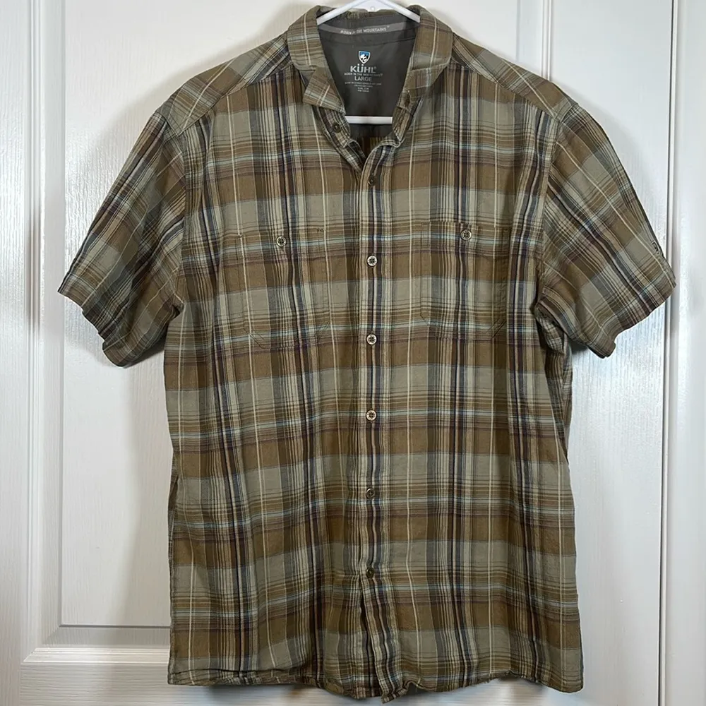 Women's KUHL Brown Teal Plaid Button Down Hiking S/S Shirt Size Large EUC #6752 - Image 2