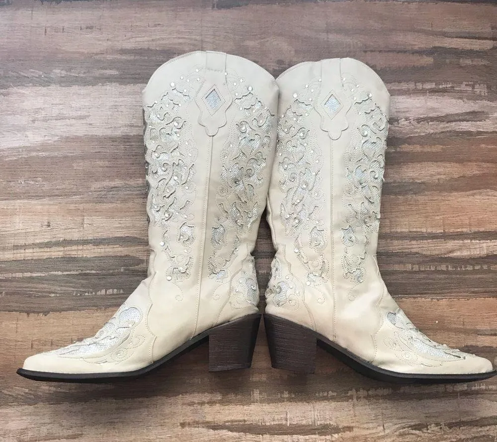 Retro Women's Cowgirl Cowboy Block Heel Mid Wide Calf Western Shoes Size 39 Silver - Image 7