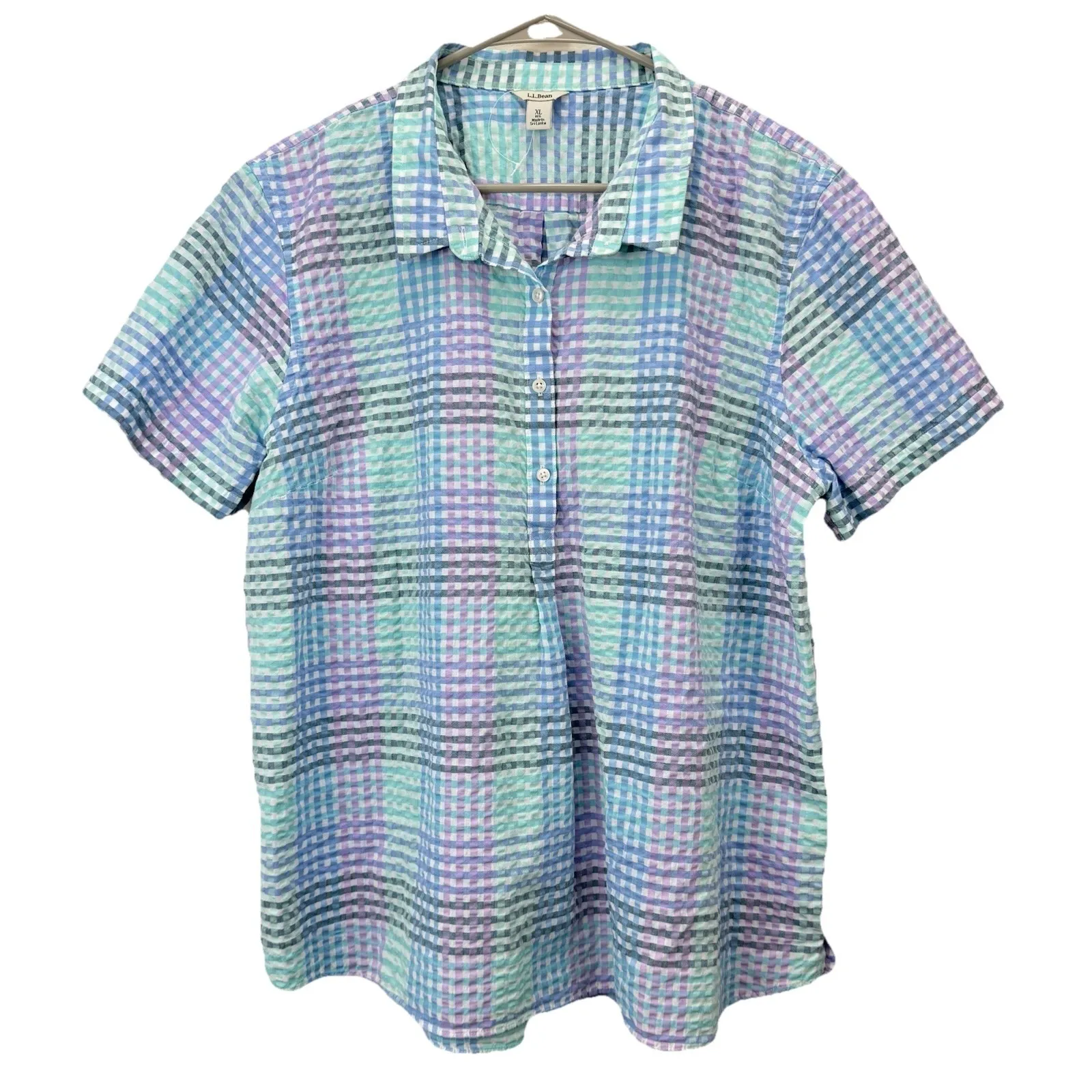 LL Bean Vacationland‎ Seersucker Short Sleeve Popover Plaid Shirt Size XL - Image 2