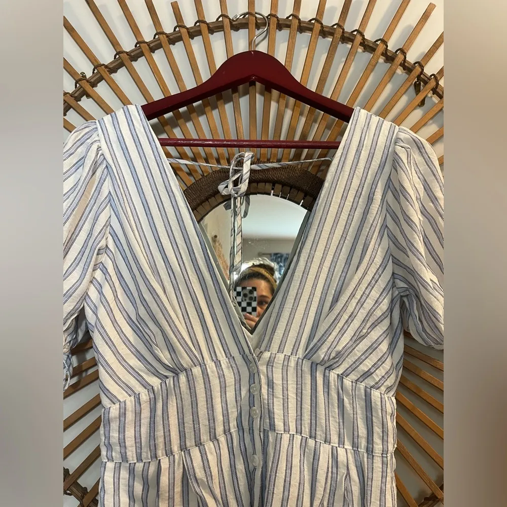 Women’s Favlux Blue & White Striped V-Neck Dress Button Down Tie Back Coastal M - Image 6