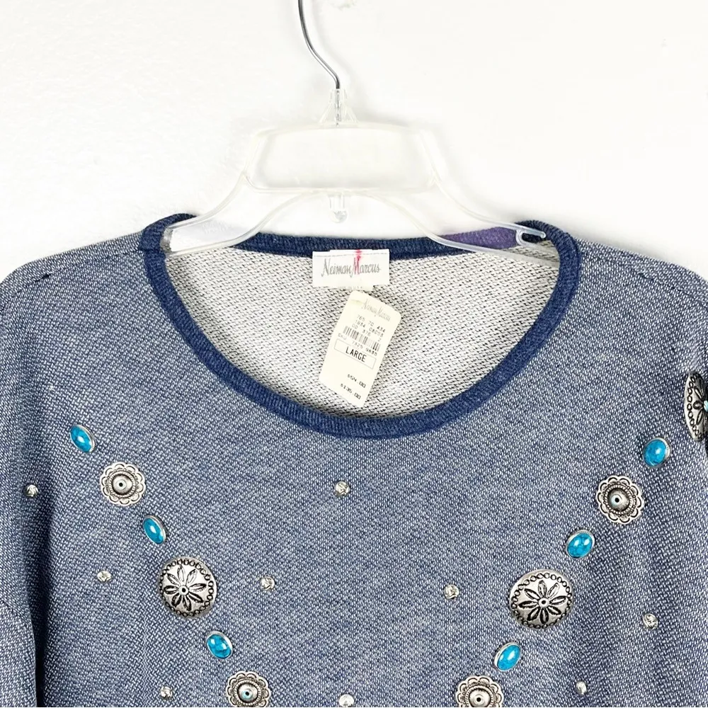 NEIMAN MARCUS Deadstock Blue Long Sleeves Beaded Top, Size Large - Image 8