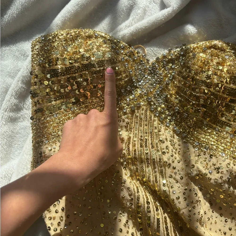 Basix Black Label Gold Sequin beaded embellished silk stone Strapless mini Dress Size 4 - Image 10