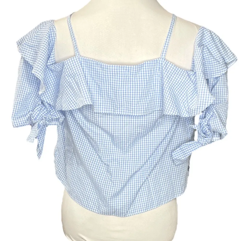 TopShop Gingham Cropped Cold Shoulder Short Sleeve Top Blue White Size 4 - Image 2