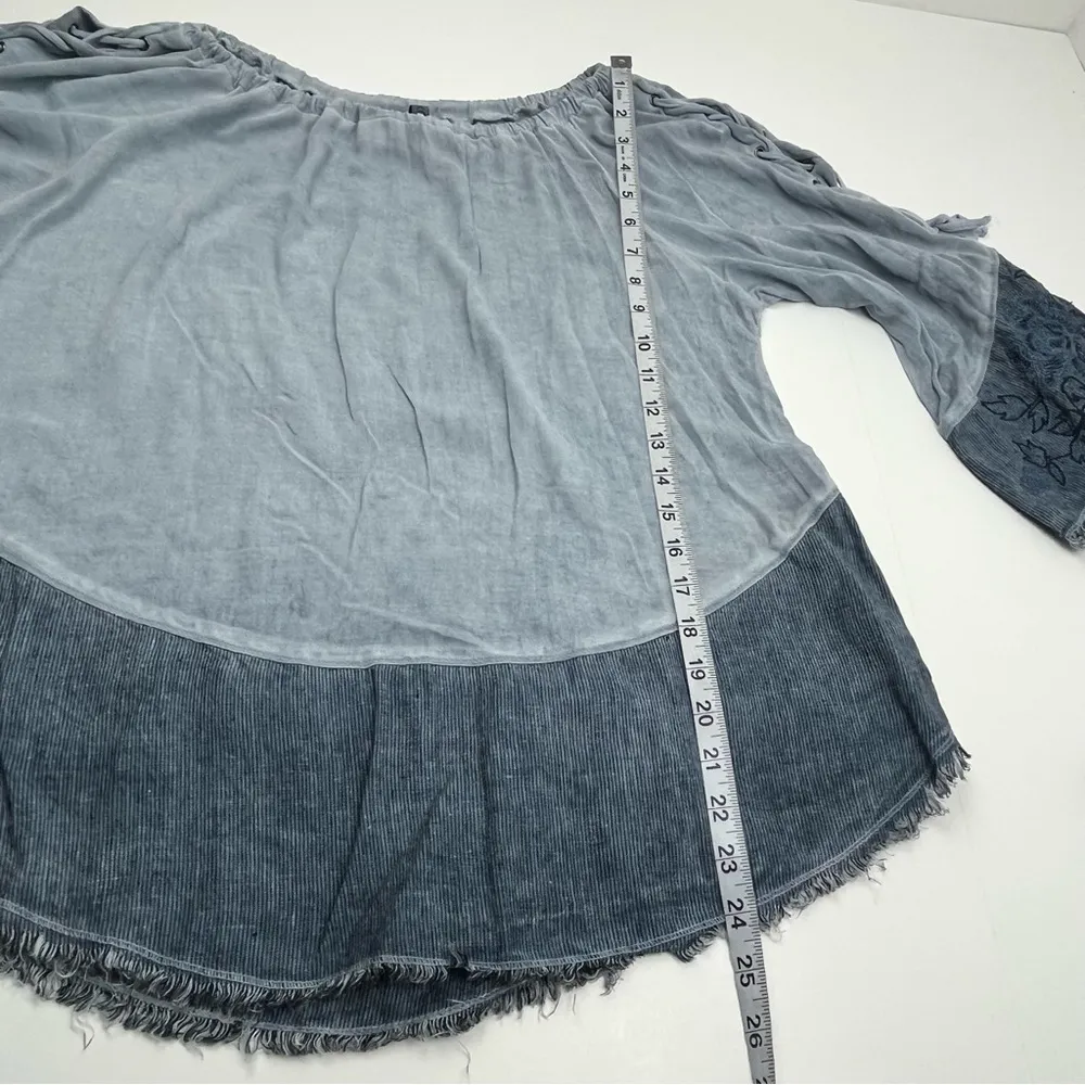 XCVI Chambray Womens Small Blue Popover Top Boho Bohemian Embroidered Tie Sleeve - Image 7