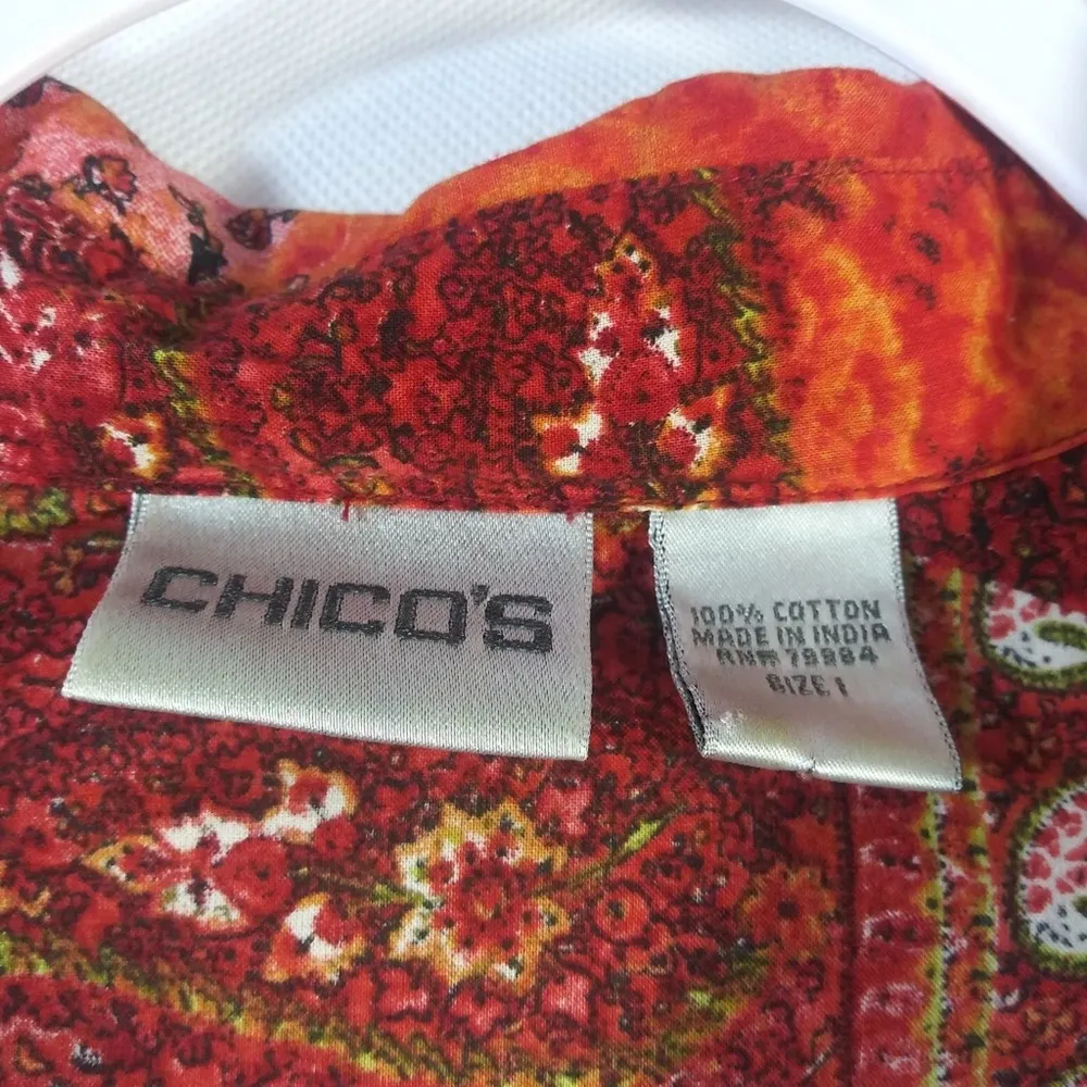 Chico's Red Paisley Patchwork Boho Western Long Sleeve Button Up Blouse Size 1 - Image 4