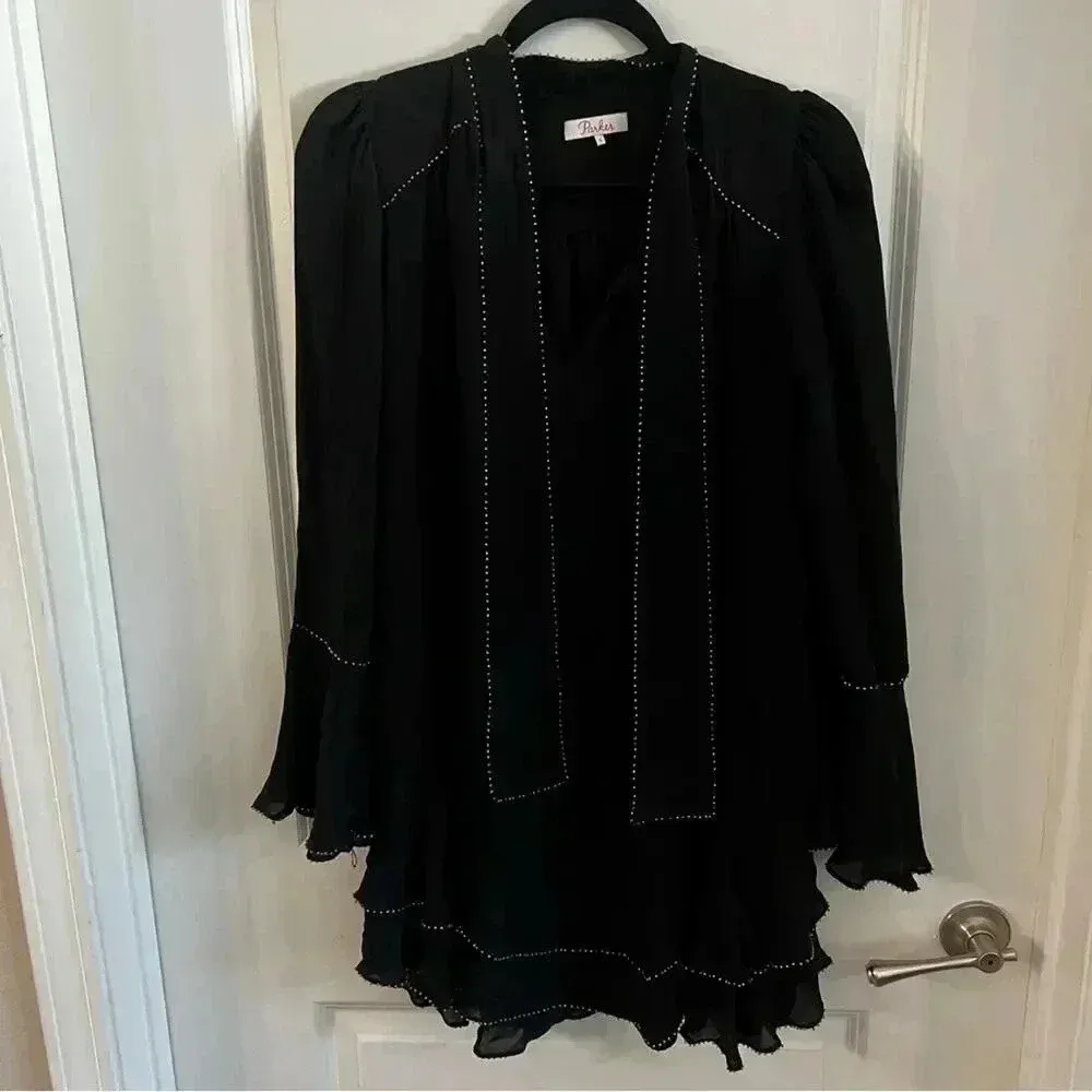 348 Parker Black Cathryn Silk Beaded Smocked Long Sleeve Dress Size Small - Image 2