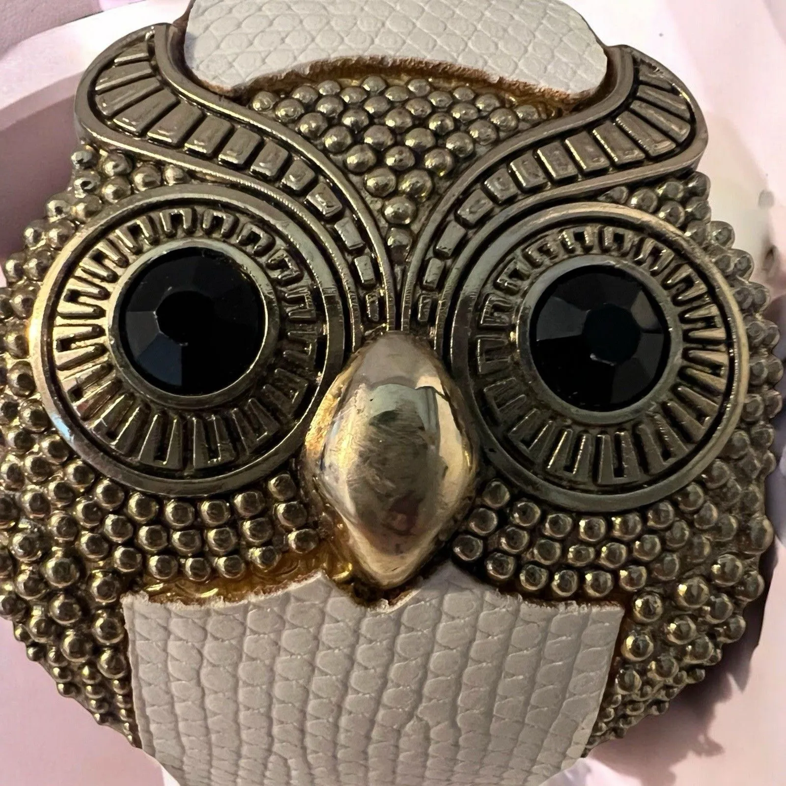 OWL Statement Cuff/Bracelet W/ White Faux Leather Band. Gold - Image 2