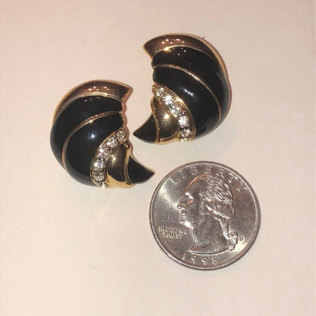 Angel Brand Vintage Black Enamel and Gold Tone Rhinestone Earrings - Image 3