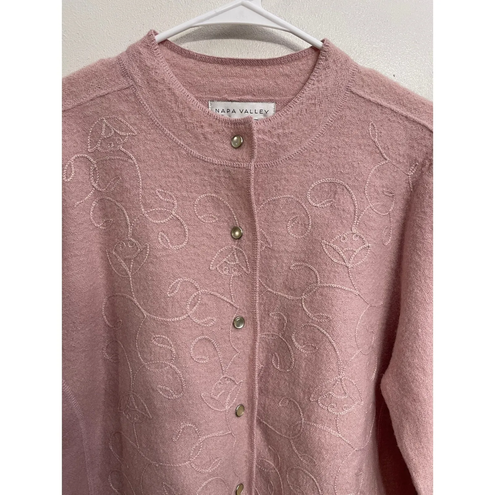 Vintage 90s 100% Wool Embroidered Cardigan Pink Sweater Soft Girl Cottagecore M Size M - Image 3