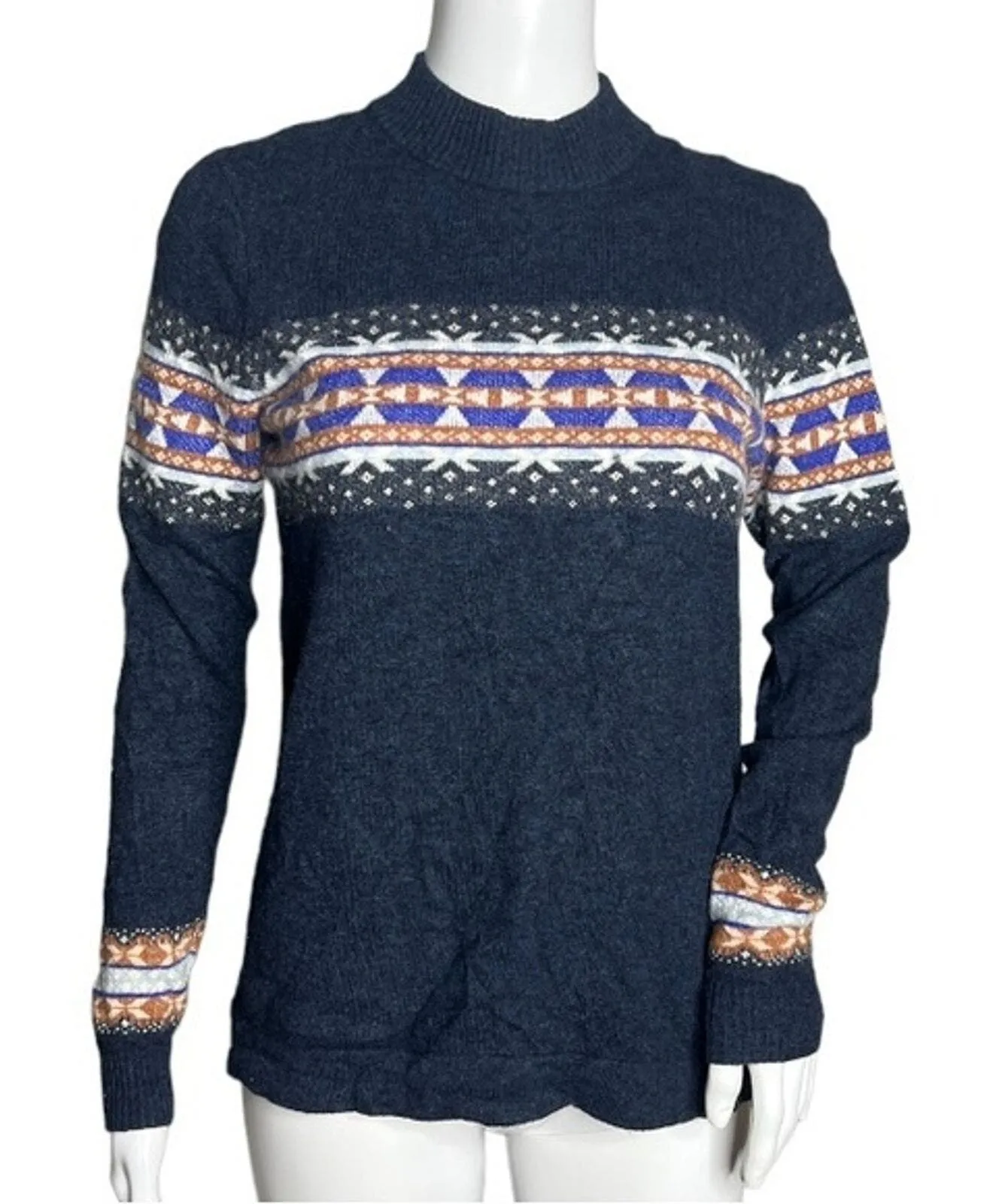 Woolrich Sweater Womens Medium Navy Blue Orange Wildview Wool Alpaca Cabincore - Image 1