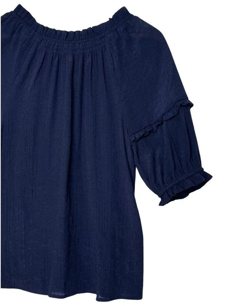 Nanette Lapore Top Womens S Sheer Half Sleeve Ruffle Round Neck Designer Blue - Image 6