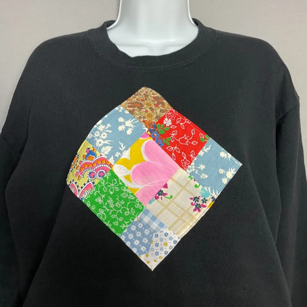 Vintage Sweatshirt Patchwork DIY Crop Top Black Crew Neck Eclectic One of a Kind - Image 3