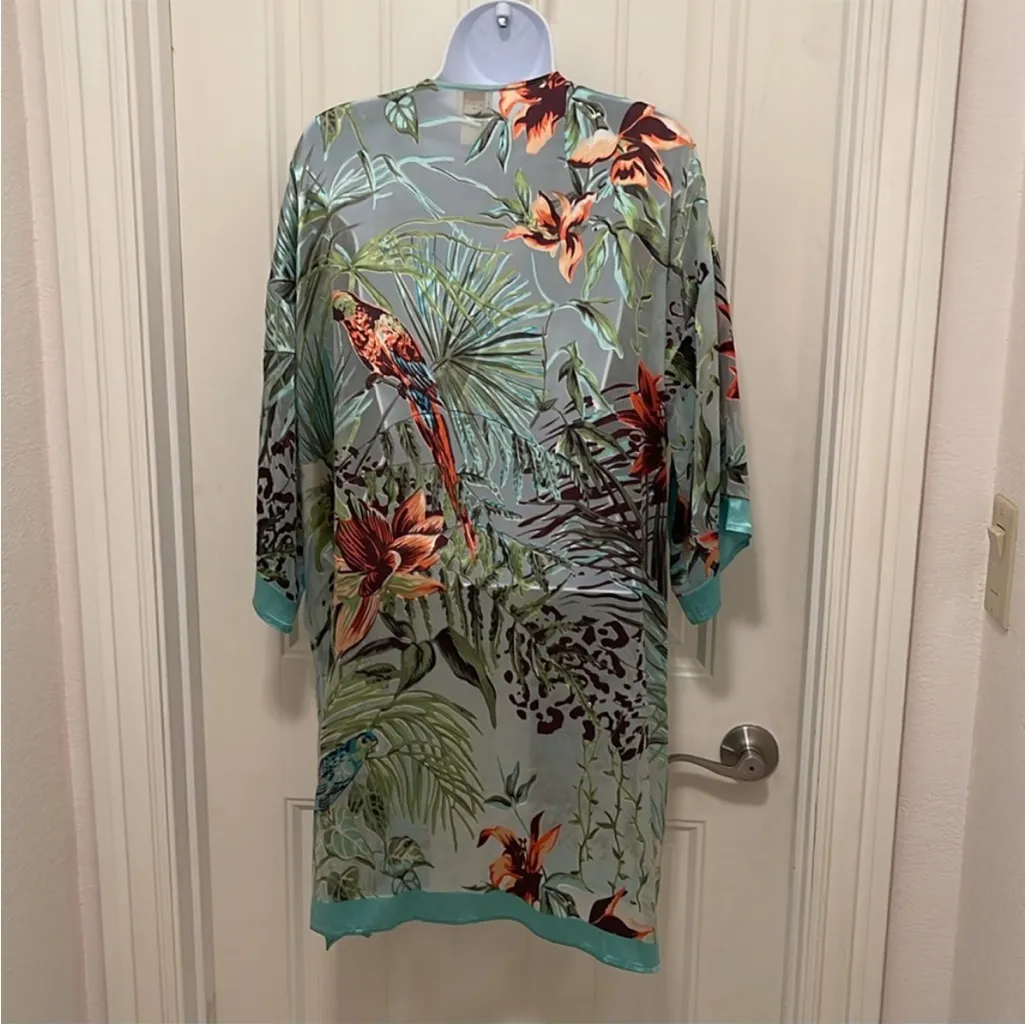 Chico's Paradise Escape Open Kimono 3/4 sleeve 15% silk tropical women S/M Teal - Image 5