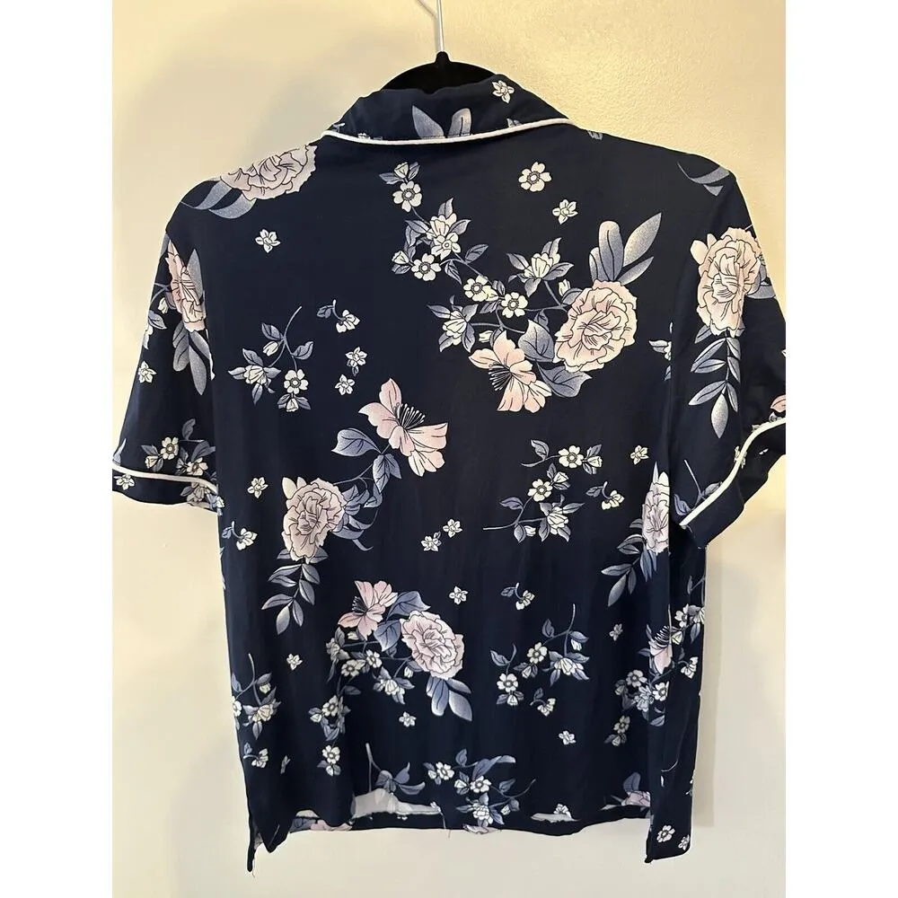 LJONES NEW YORK Navy Blue Floral Print Pajamas Shirt/Short Set Size Medium - Image 3