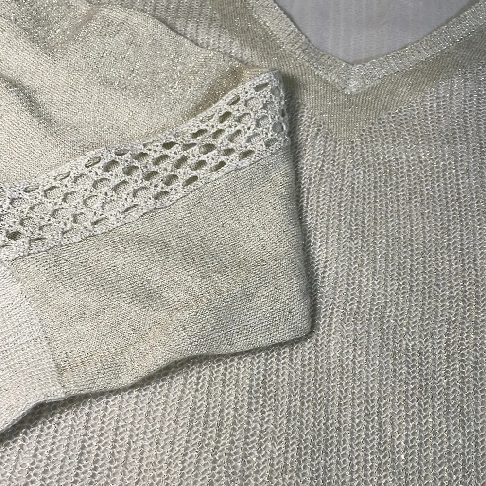 V-neck sheer crocheted linen champagne golden sparkle lace weave long sleeve - Image 9