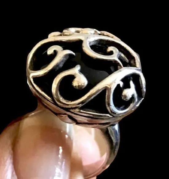 Vintage BARSE Onxy Cabochon Sterling Silver Scroll Cage Overlay Cocktail Ring - Image 2