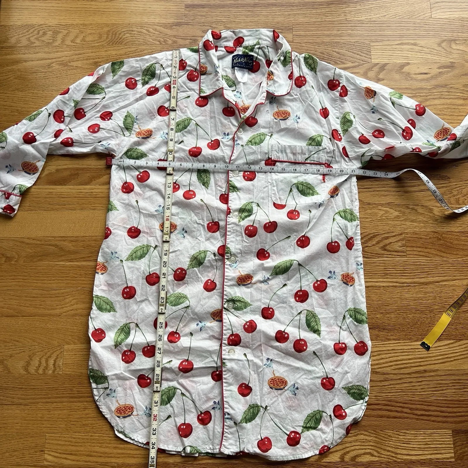 Nick & Nora Nightshirt S/M White Cherry Print Cotton‎ Button Front Sleep Shirt - Image 10