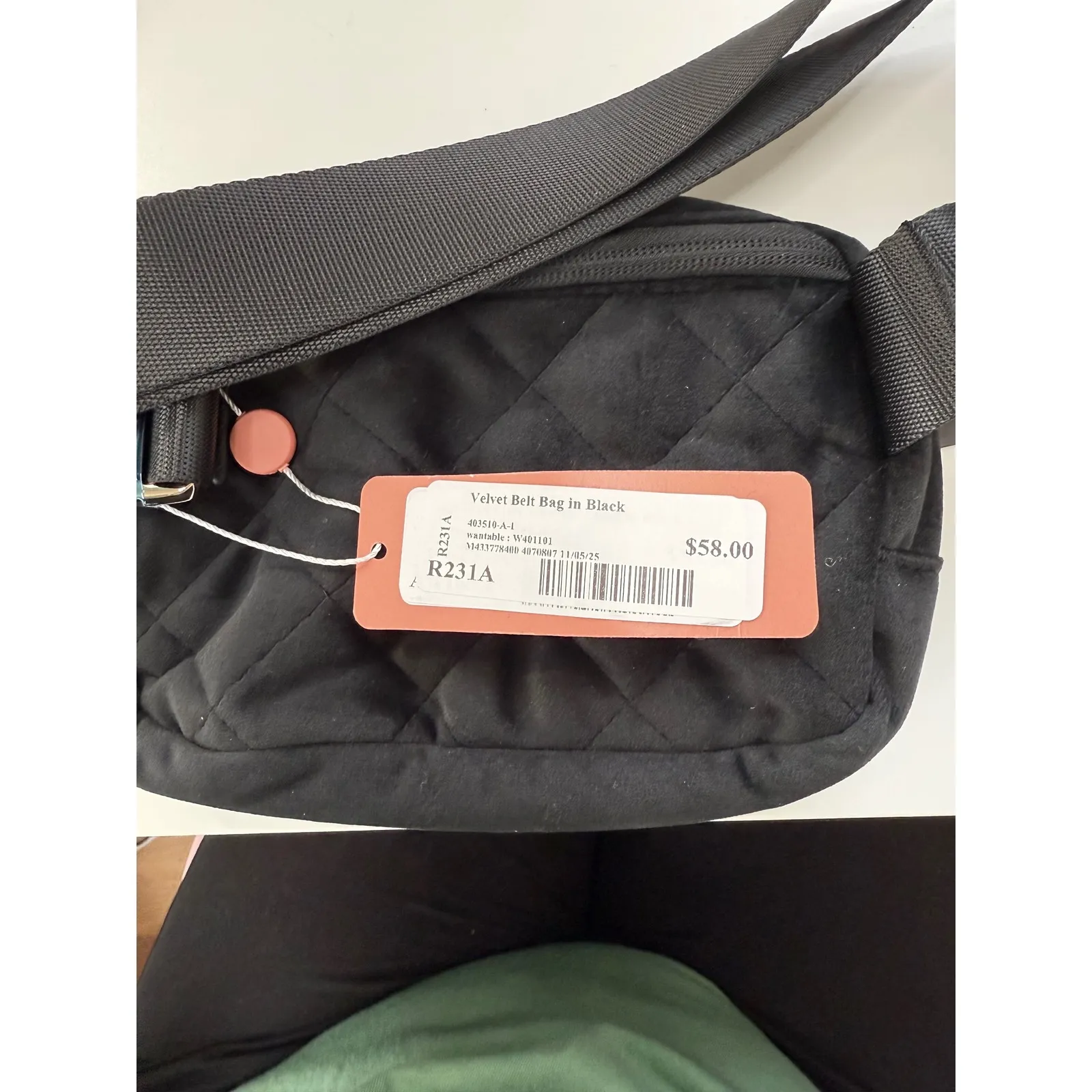 Wantable Black Velvet Quilted Belt Bag Fanny Pack Gold Logo New With Tags - Image 5