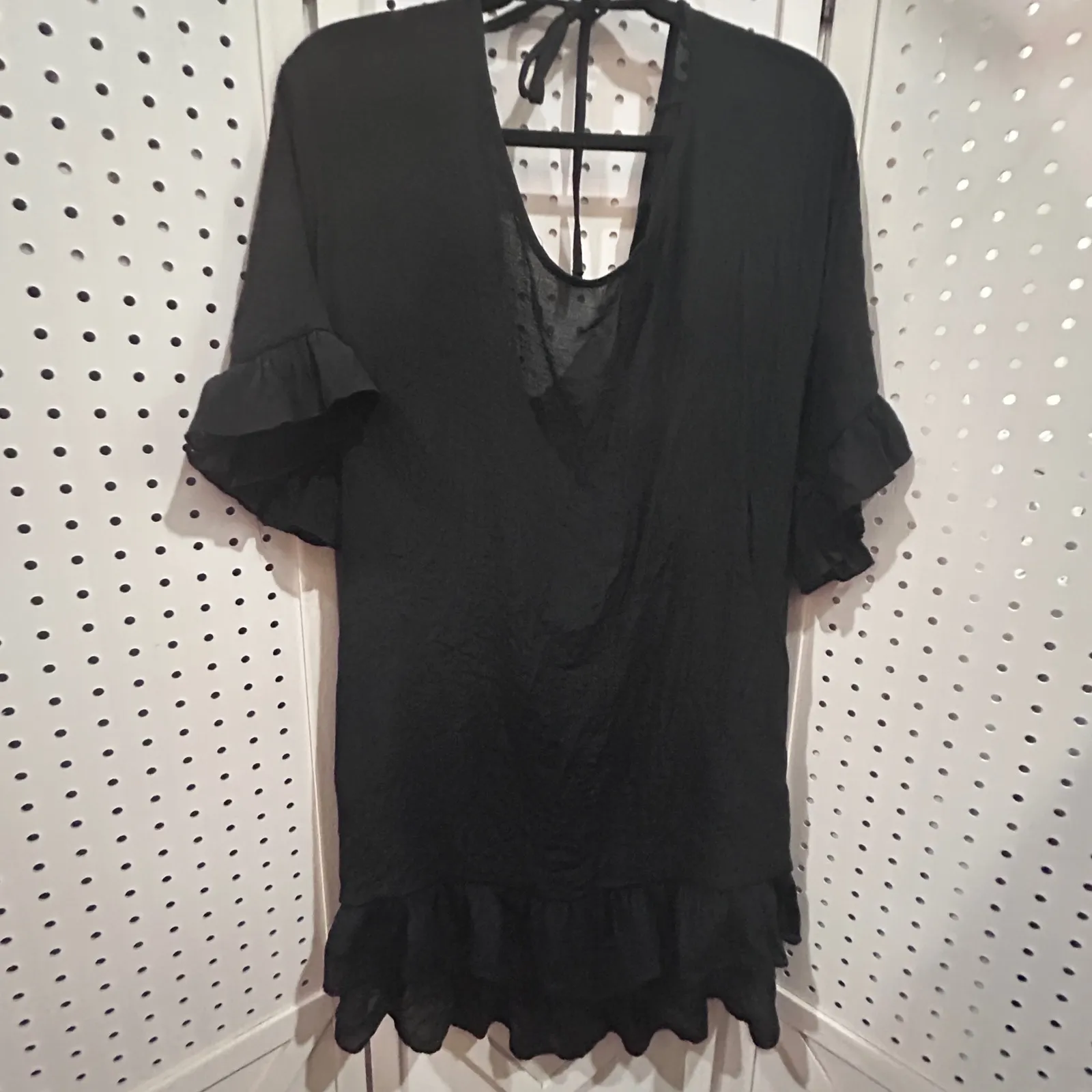 SHEIN Black Ruffle V Neck Tie Back Beach sheer Cover Up Tunic Dress Size M - Image 2