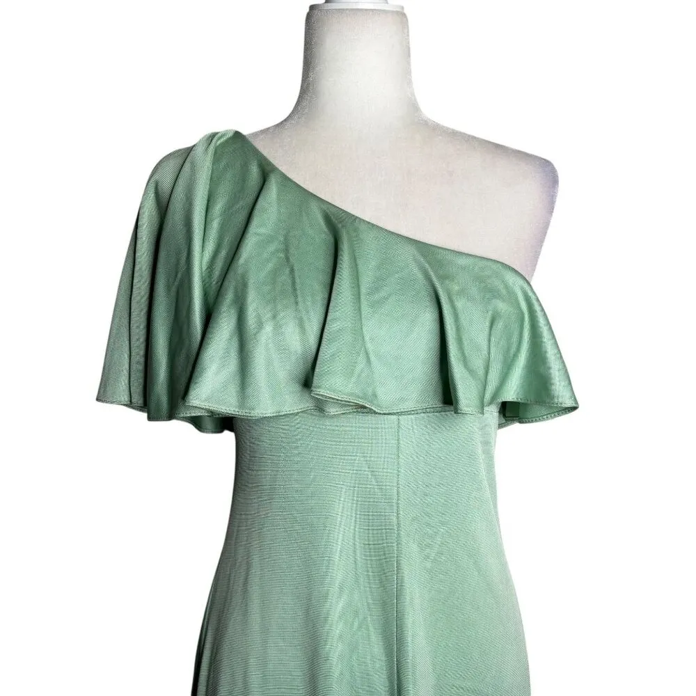 Vintage 70s One Shoulder Mint Green Maxi Dress Small Ruffle Overlay Zipper - Image 4
