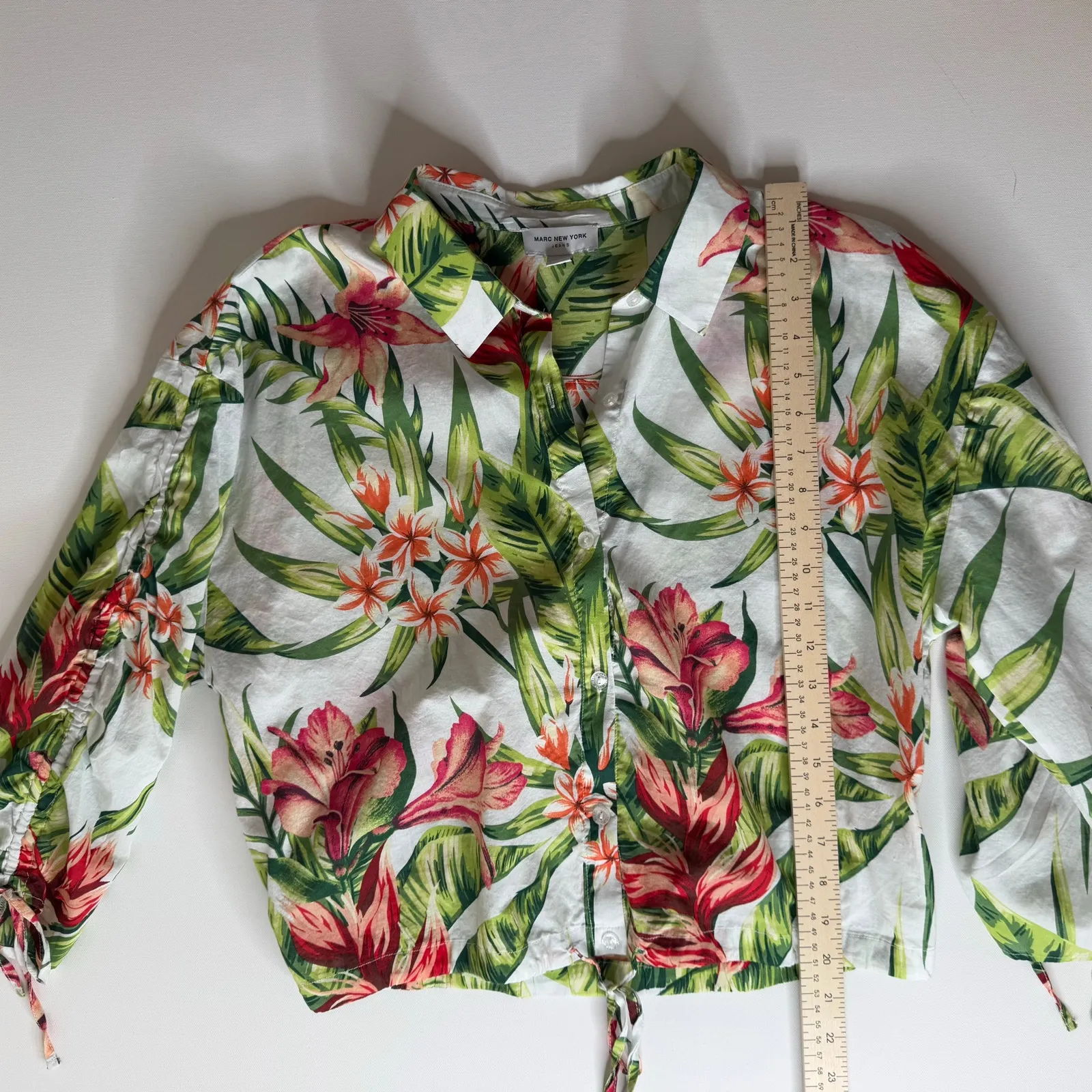 Marc New York Womens Floral Button Up‎ Cropped Tie Waist Blouse Large Tropical - Image 10