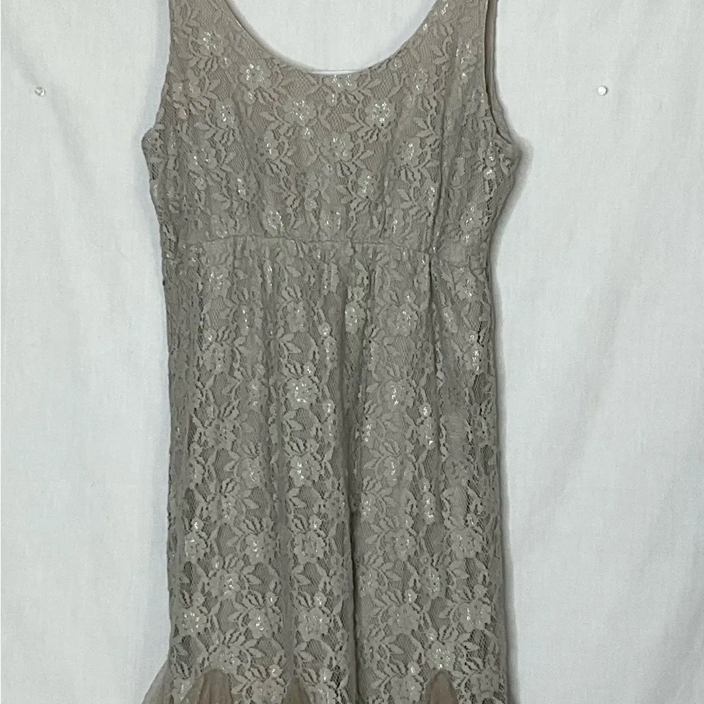 Mystree Lace Tank Dress Beige Size Lg Boho Cottagecore Feminine Chic Flounce Hem - Image 2
