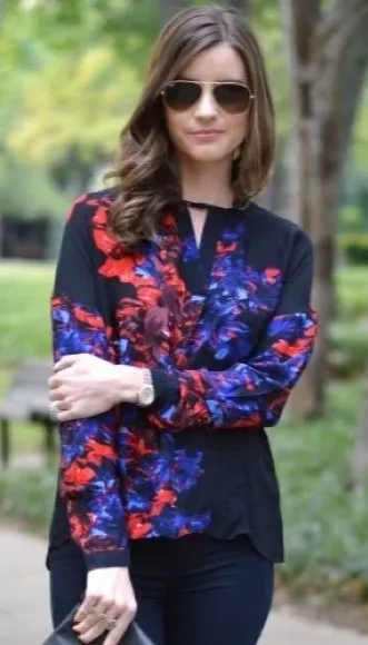 Parker Silk Black and Blue Floral Blouse - Image 2