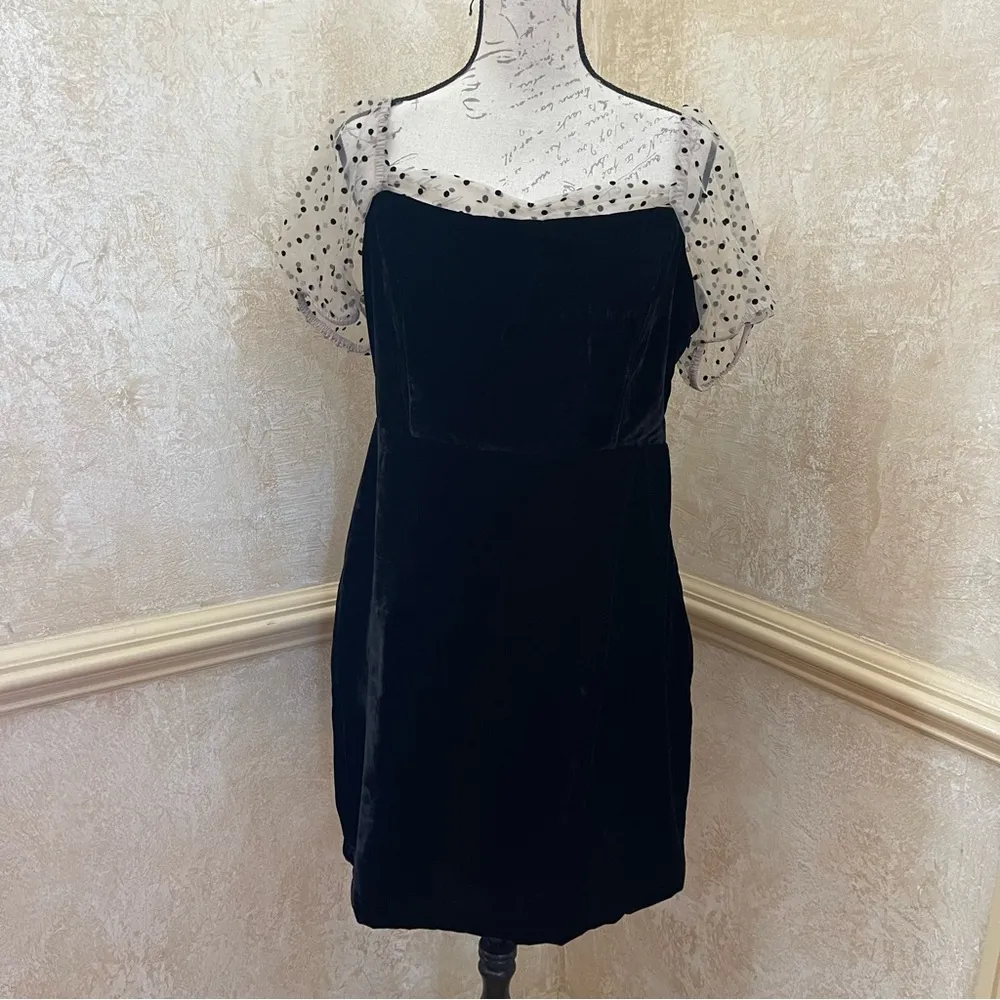 Camila Coelho Heirloom Velvet Tulle Puff Sleeve Flocked Dot Dress in Black Sz L - Image 4