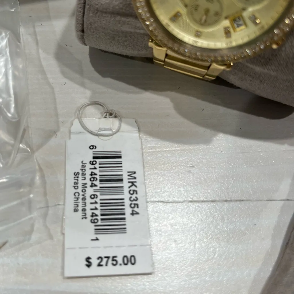 Michael Kors jeweled gold colored watch with‎ box, bag, pillow needs batteries - Image 5