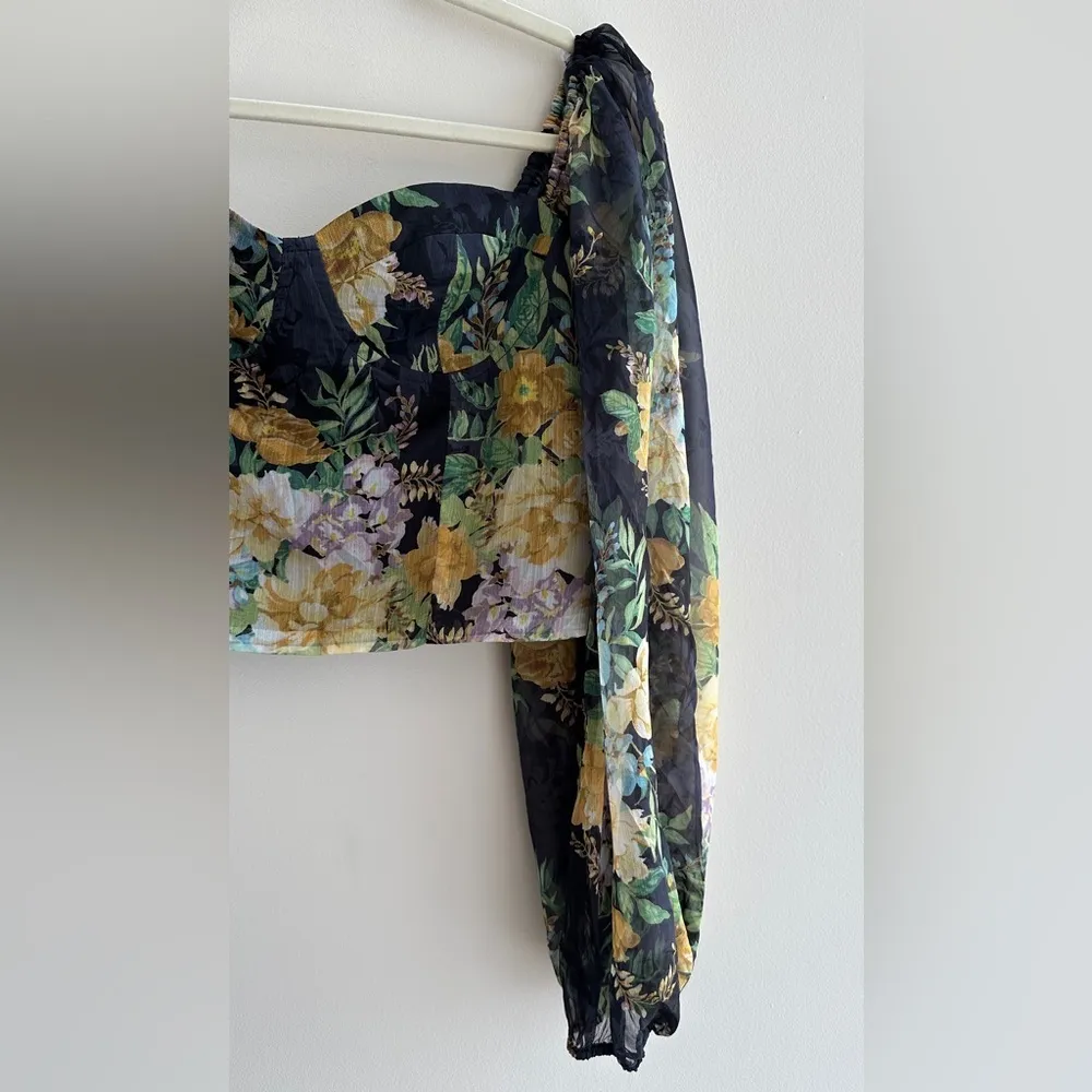 Lulu’s Floral Puff Sleeve Corset Crop Top, Smocked Sweetheart Blouse, Small - Image 4