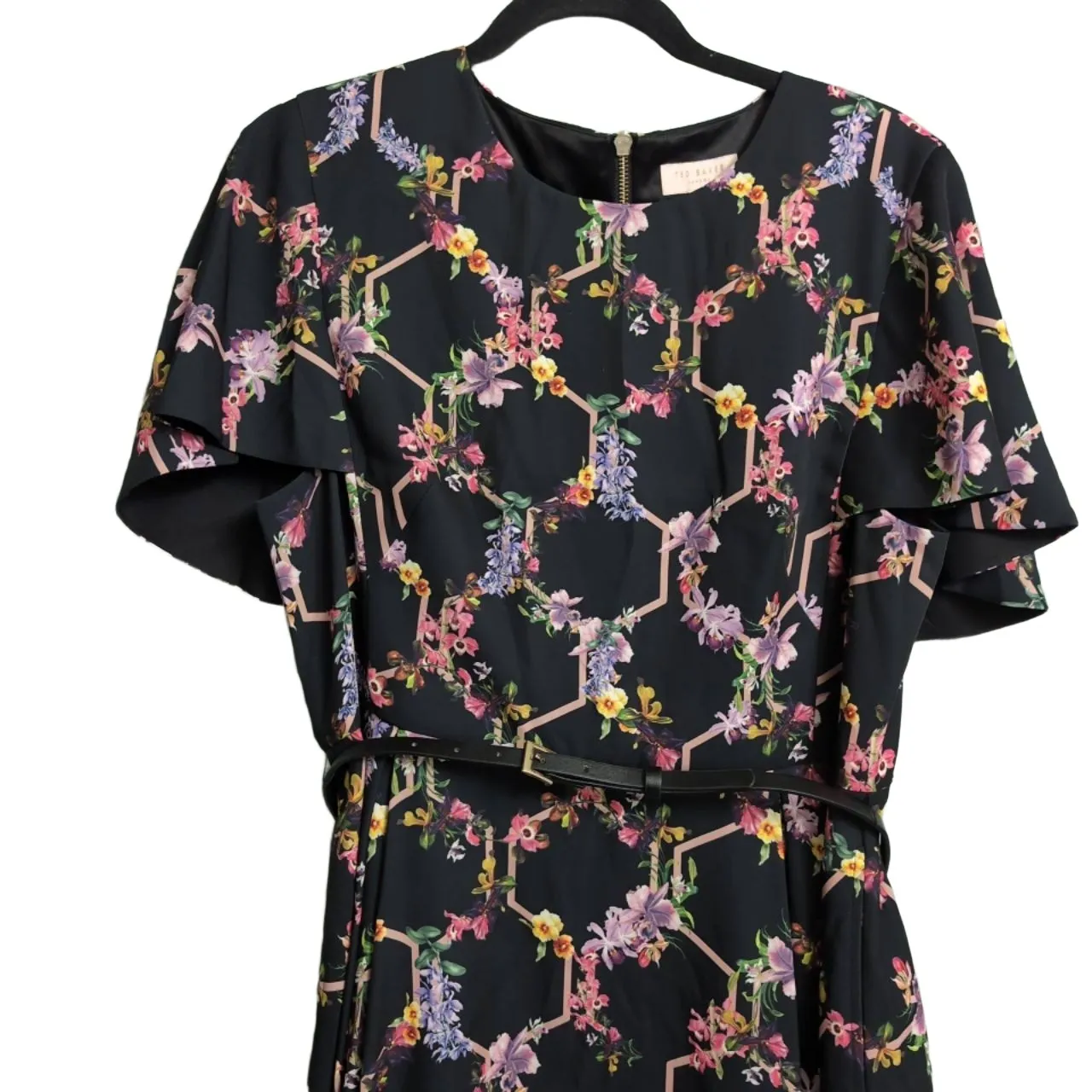 Ted Baker Vianna Gardens Frill Sleeve Dress A-line Black Floral Mini 5 = US 12 - Image 3