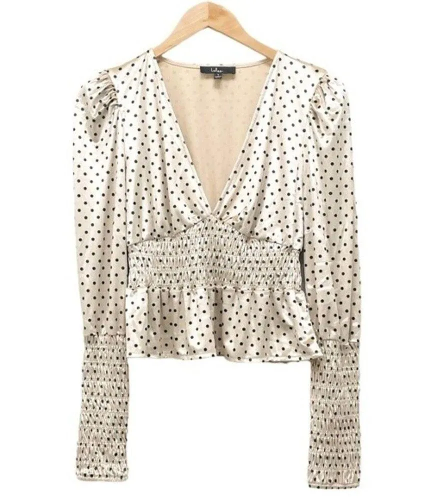 Lulus Top Chic Upgrade Champagne Polka Dot Velvet Smocked Blouse Size Small - Image 4