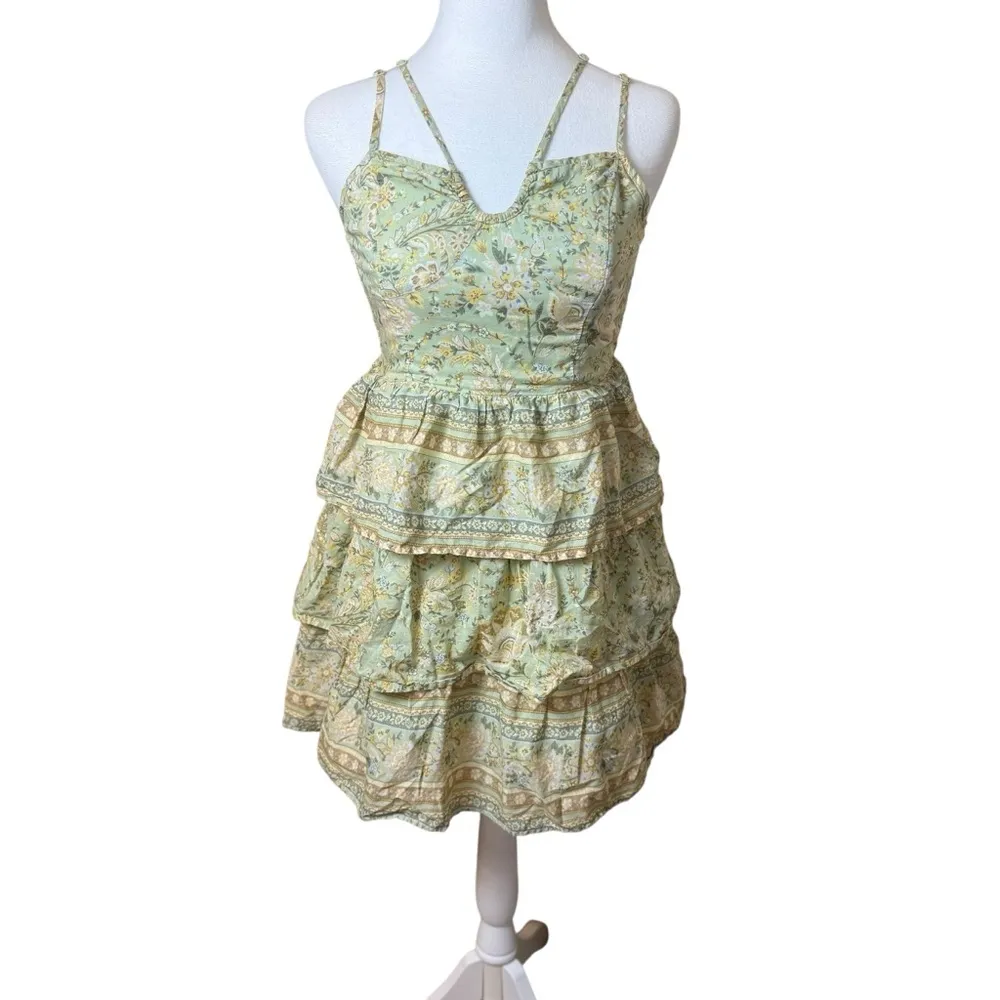 American Eagle AE Tiered‎ Green Floral Mini Dress Small Cottagecore Fairy Boho - Image 3