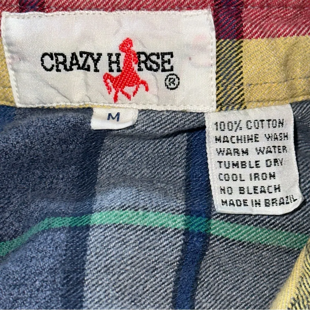 Crazy Horse Vintage Sz M Blue Yellow Red Plaid Brushed Flannel Button Down Shirt Size M - Image 4