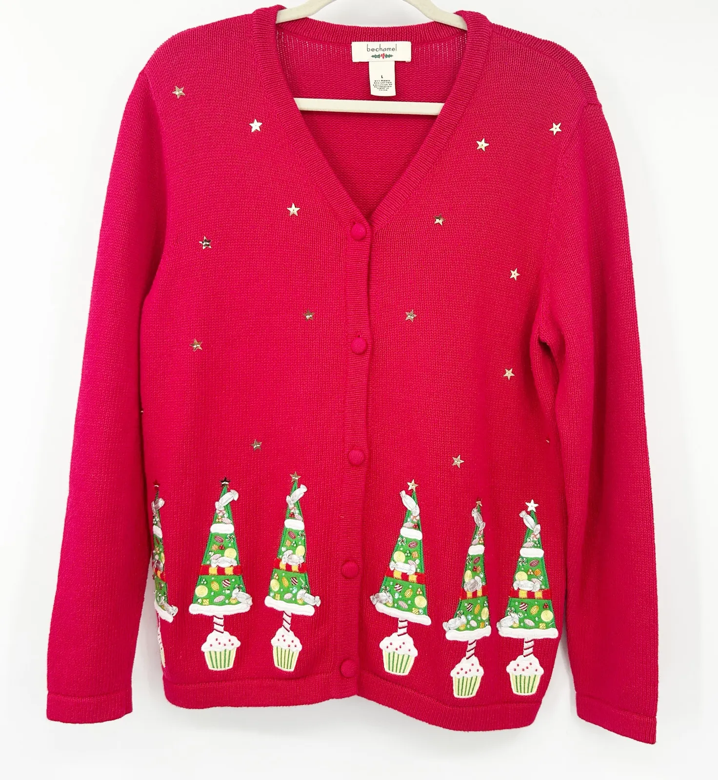 Bechamel Womens VTG Vintage Christmas Tree Ugly Christmas Cardigan Sweater L Red Size L - Image 1
