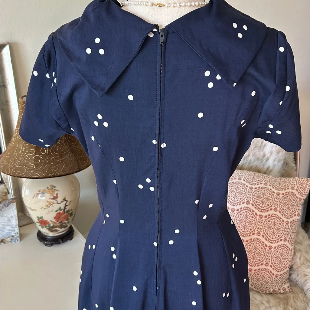 Vintage navy polkadot handmade USA crown zipper sailor short sleeve midi dress 6 Blue - Image 14
