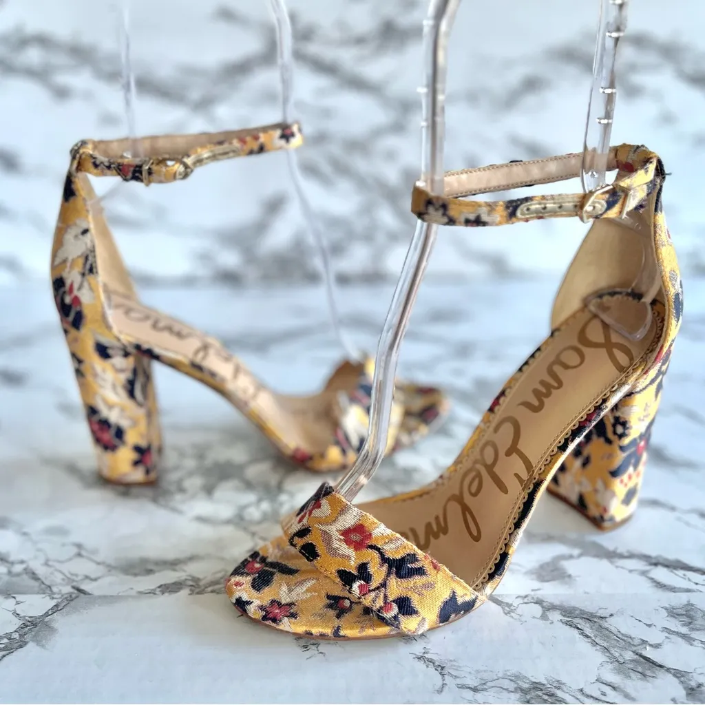Sam Edelman Yaro Sandals Floral Jacquard Yellow Ankle Strap Block High Heels 9 - Image 3
