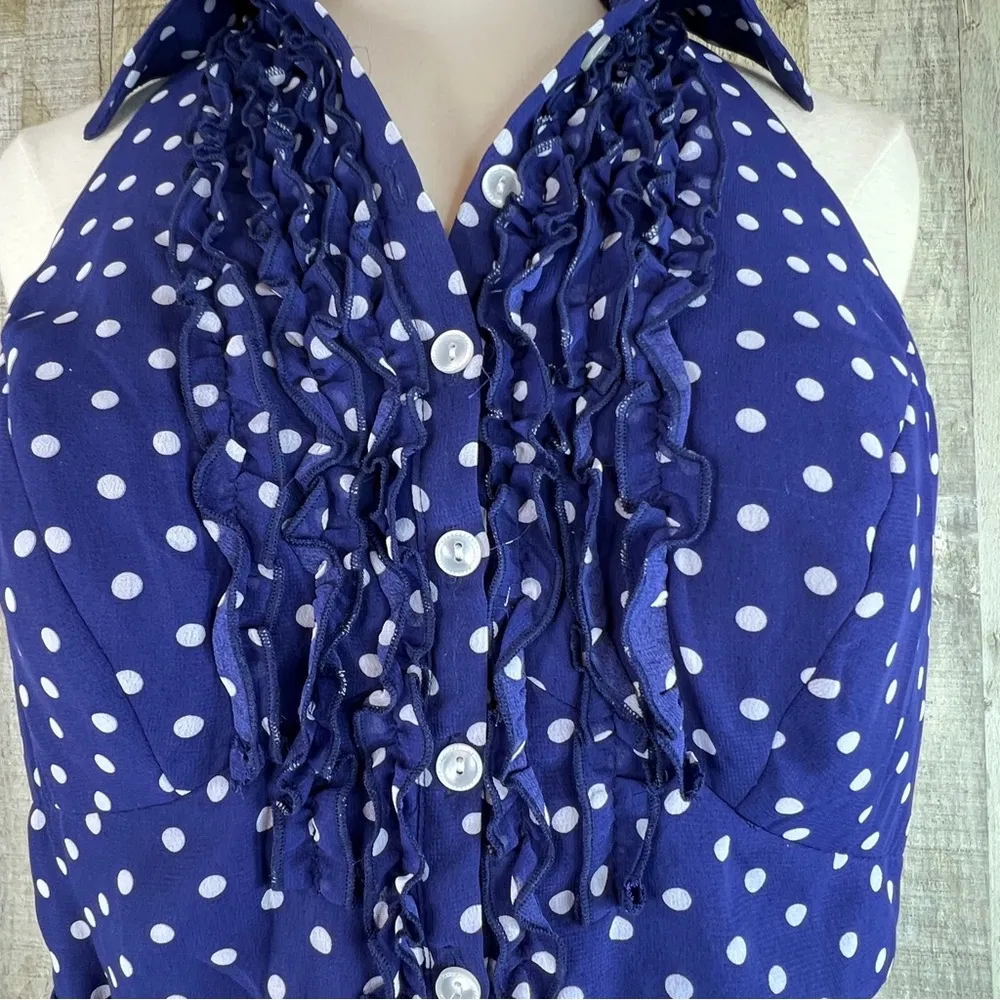Ombre Size 8 Sleeveless Halter Dress Blue White Polka Dots Padded Bra Ru… - Image 4