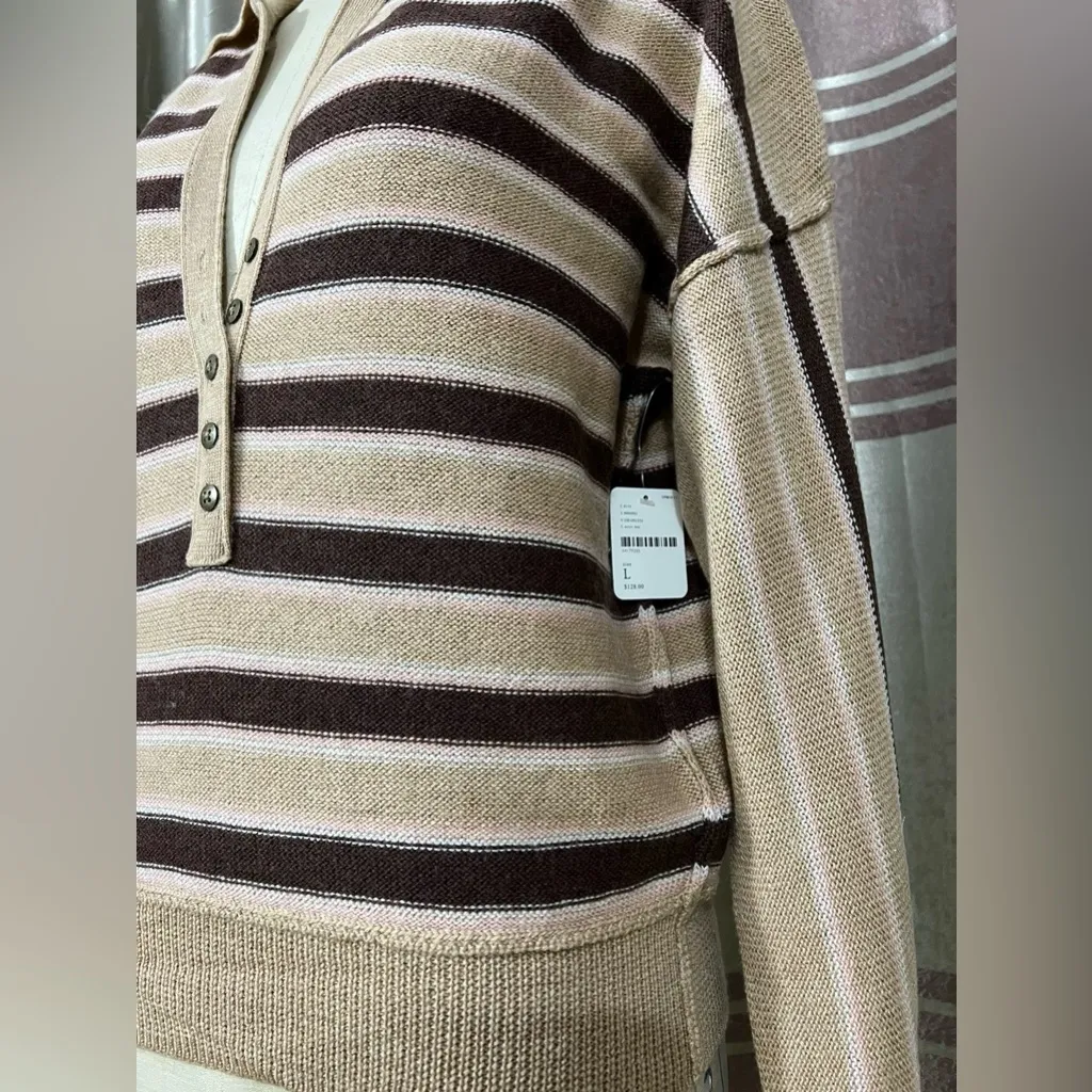 Free People 100% Marino wool Striped Brown and Tan Sweater XL - Image 5