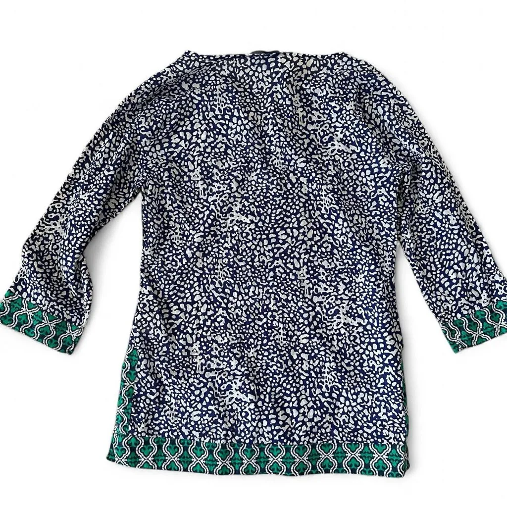 French Curve Navy Blue & White Print Coverup Tunic with Green Border Size Small - Image 3