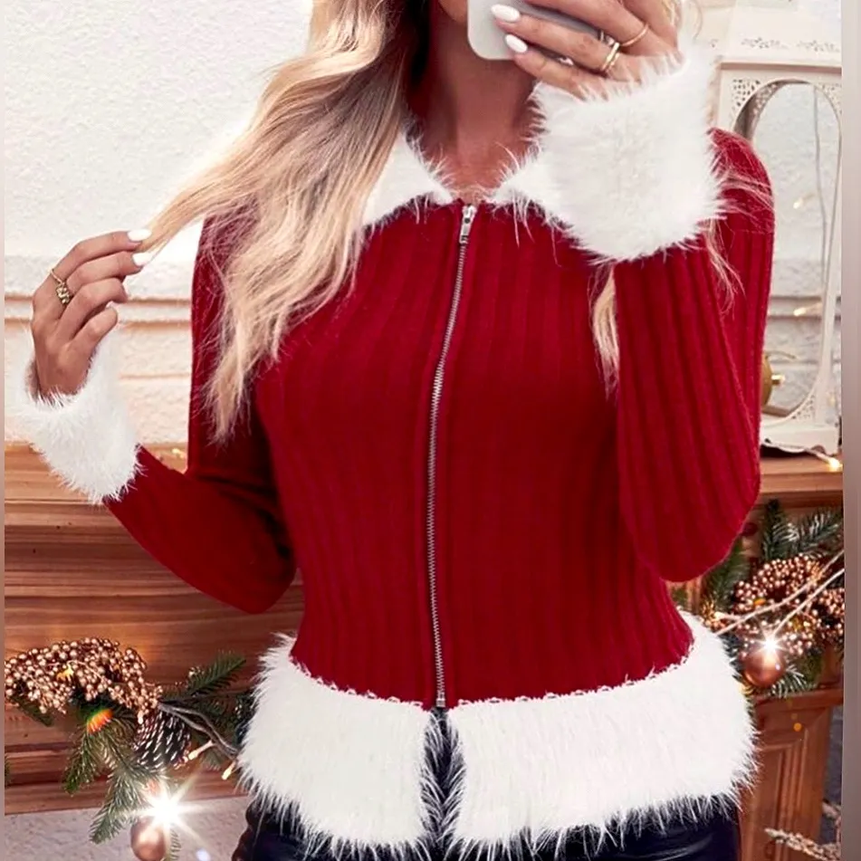 LAST ONE Holiday Fuzzy Fur Trim Sweater Red Size M - Image 14