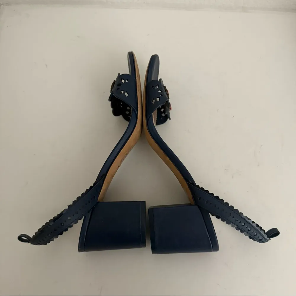 TORY BURCH Marguerite Perforated Floral Navy Blue Slingback Block Heel Sandal 10 - Image 10