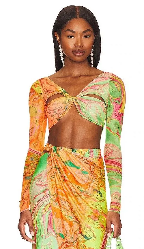 Agua Bendita x Revolve Percy Crop Top Sz Small NWT Tie Dye Marble Mesh Resort - Image 1