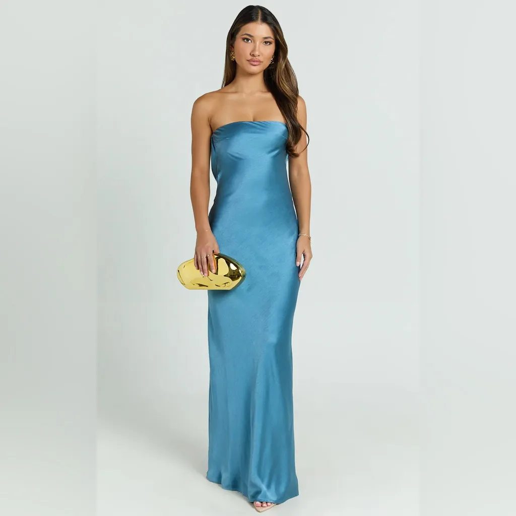 Showpo CHARLITA Strapless Cowl Back Satin Maxi Dress in Steel Blue Size 2 - Image 2